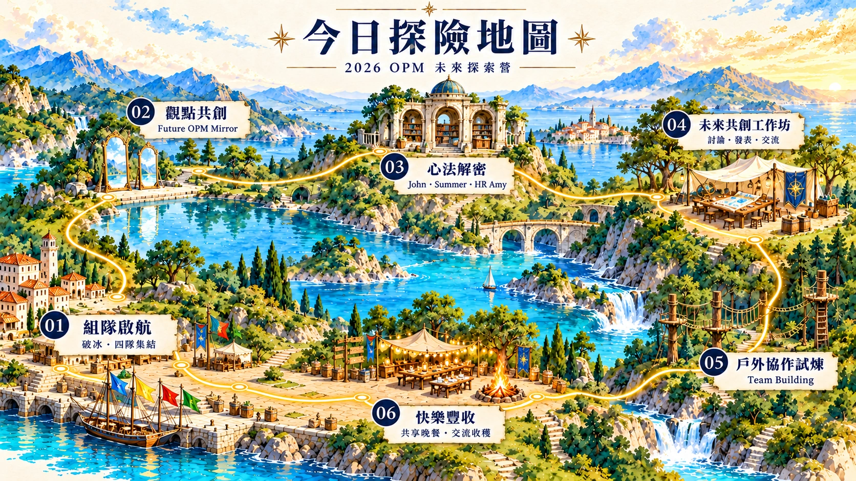 六站探險地圖：組隊啟航、觀點共創、心法解密、未來共創工作坊、戶外協作試煉、快樂豐收。啟航與晚餐在同一基地。