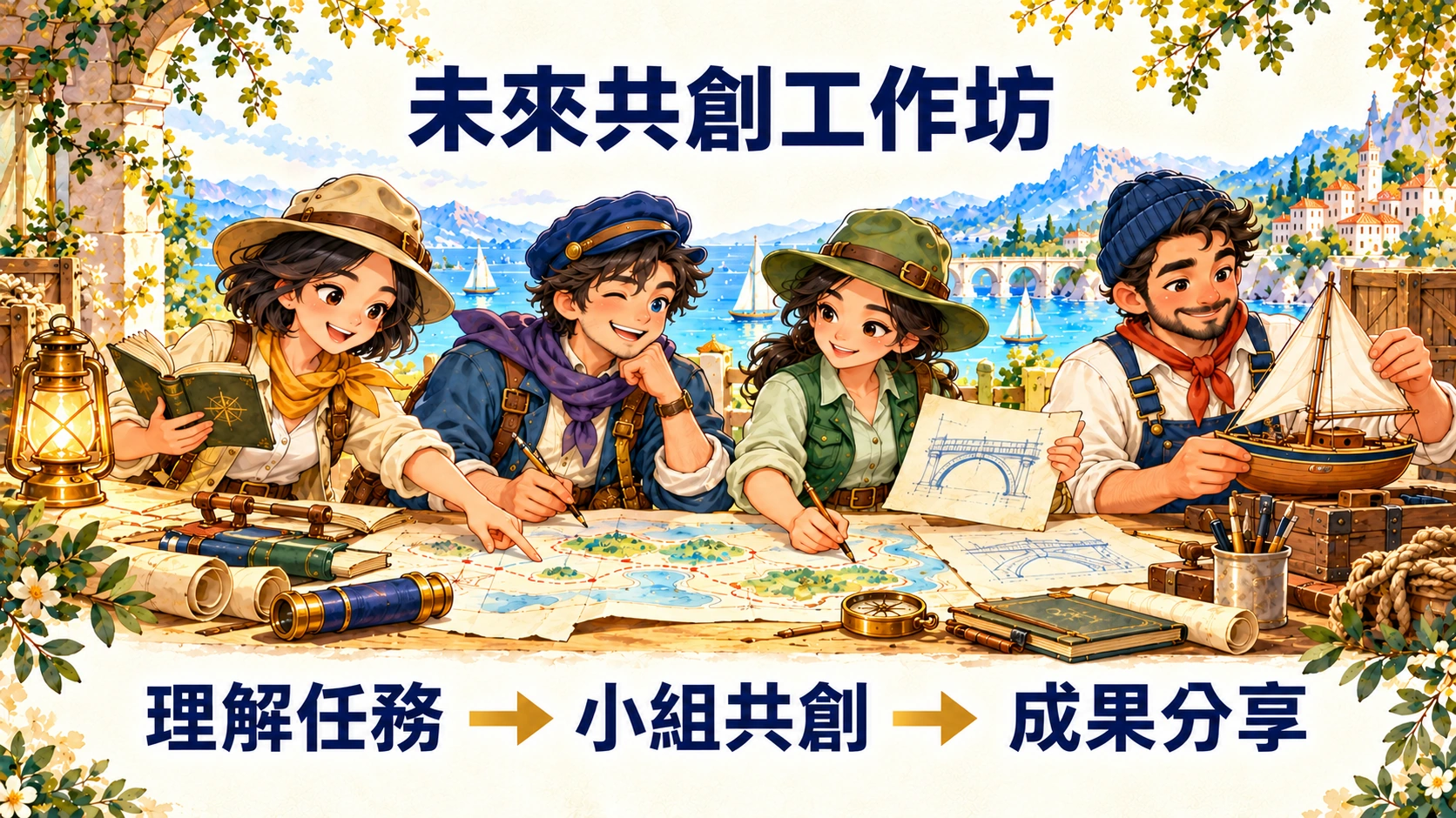 未來共創工作坊：理解任務 → 小組共創 → 成果分享。四個小隊人物一起研究航圖與製作模型。